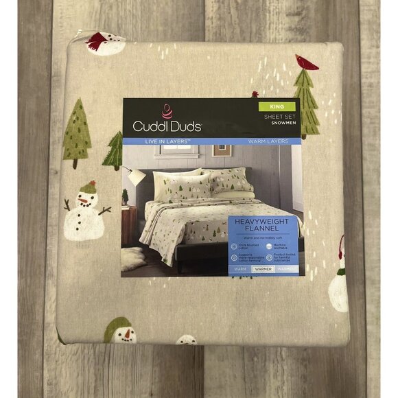 Cuddl Duds KING Size 4 pc soft Flannel sheet set Tree Snowman Print Tan NWT - Picture 1 of 2
